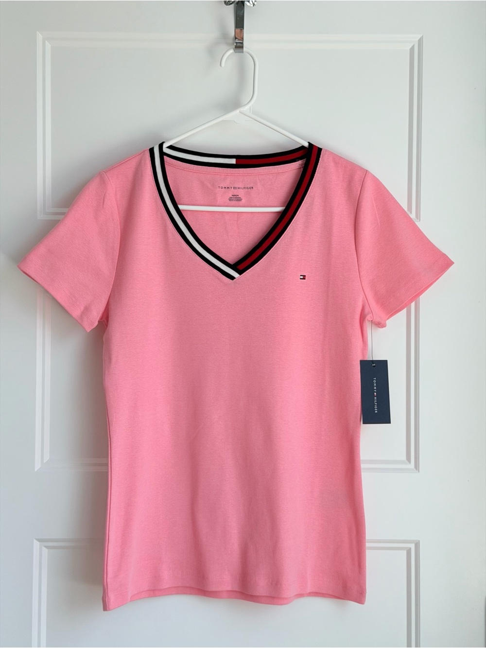 Tommy Hilfiger Pink V-Neck Tee with Contrasting Stripe Collar